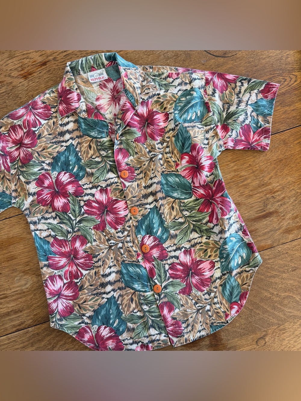 Vintage Denim Republic Tropical Floral Button-Up Shirt in Burgundy & Green